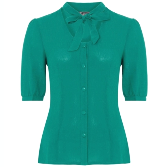 Voodoo Vixen Clara retro pinup tie neck blouse top, teal, button up, small - Picture 2 of 3